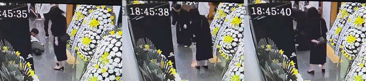 [부산=뉴시스] 지난달 20일 여수의 한 장례식장에서 한 시민이 갑자기 쓰러지자 해운대백병원 소속 주설희 간호사가 다가가 상태를 확인하고 응급처치에 나서는 모습이 CCTV에 담겼다. (사진=해운대백병원 제공) 2026.08.24 photo@newsis.com&nbsp; *재판매 및 DB 금지