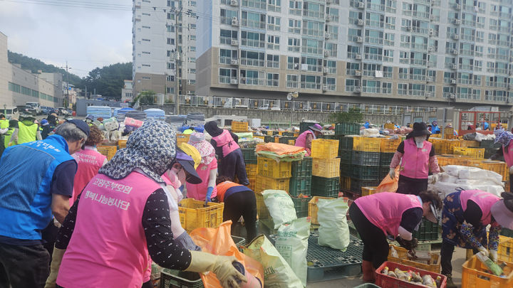 [창원=뉴시스]NH농협 창원시지부-관내 농축협-(사)고향생각주부모임, 거제 연초농협 수해복구 지원.(사진=경남농협 제공) 2026.08.24.photo@newsis.com *재판매 및 DB 금지
