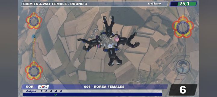 [서울=뉴시스] 지난 18일 대한민국 특전사 소속 여군 대표팀이 제48회 국제군인체육연맹 고공강하경연대회 상호활동 종목에 참가해 강하를 하고 있다. (사진=육군 제공) 2026.08.24. photo@newsis.com *재판매 및 DB 금지