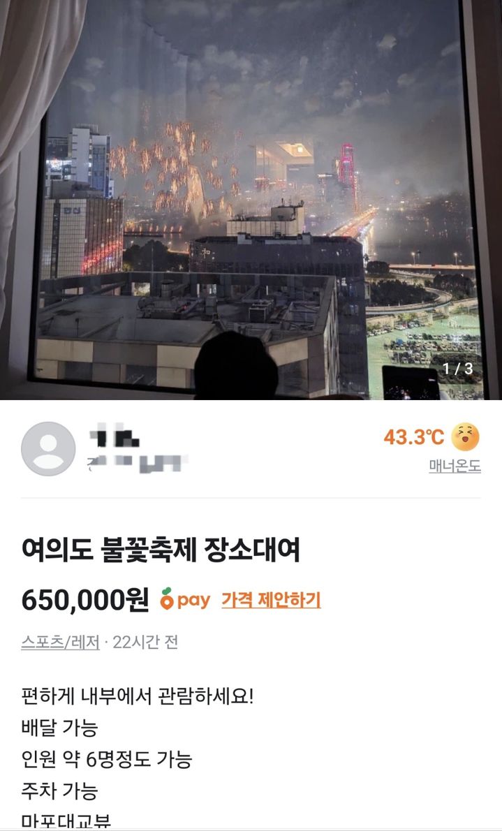 [서울=뉴시스] 중고거래 플랫폼 당근마켓에 지난 24일 서울세계불꽃축제을 감상할 수 있는 장소를 65만원에 대여한다는 글이 올라왔다. (사진출처: 당근마켓 캡처) 2026.08.25.