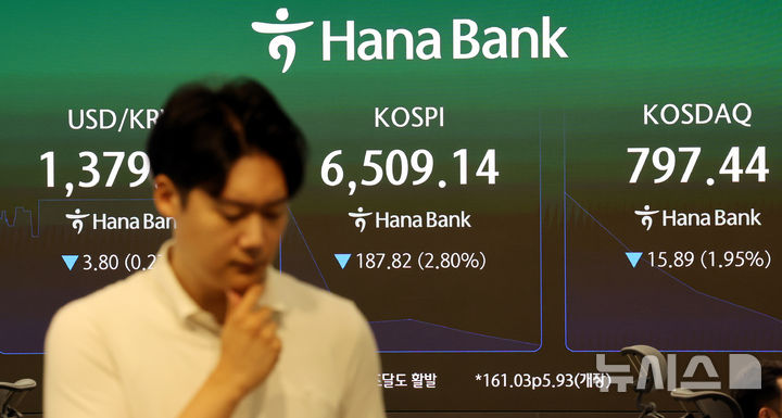 [서울=뉴시스] 박영태 기자 = 코스피가 전 거래일보다 2.40% 내린 6535.93에 장을 시작한 25일 오전 서울 중구 하나은행 본점 딜링룸에서 딜러들이 업무를 보고 있다. 2026.08.25. since1999@newsis.com