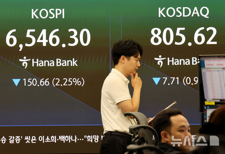 [서울=뉴시스] 박영태 기자 = 코스피가 전 거래일보다 2.40% 내린 6535.93에 장을 시작한 25일 오전 서울 중구 하나은행 본점 딜링룸에서 딜러들이 업무를 보고 있다. 2026.08.25. since1999@newsis.com