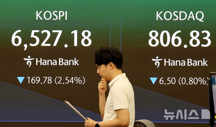 [서울=뉴시스] 박영태 기자 = 코스피가 전 거래일보다 2.40% 내린 6535.93에 장을 시작한 25일 오전 서울 중구 하나은행 본점 딜링룸에서 딜러들이 업무를 보고 있다. 2026.08.25. since1999@newsis.com