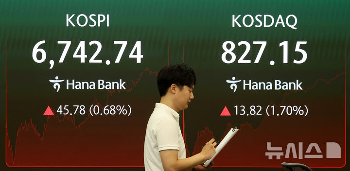 [서울=뉴시스] 김선웅 기자 = 코스피가 전 거래일보다 0.68% 상승한 6742.74, 코스닥은 1.70% 오른 827.15에 거래를 마친 25일 오후 서울 중구 하나은행 본점 딜링룸 전광판에서 마감 시황이 표시되고 있다. 2026.08.25. mangusta@newsis.com