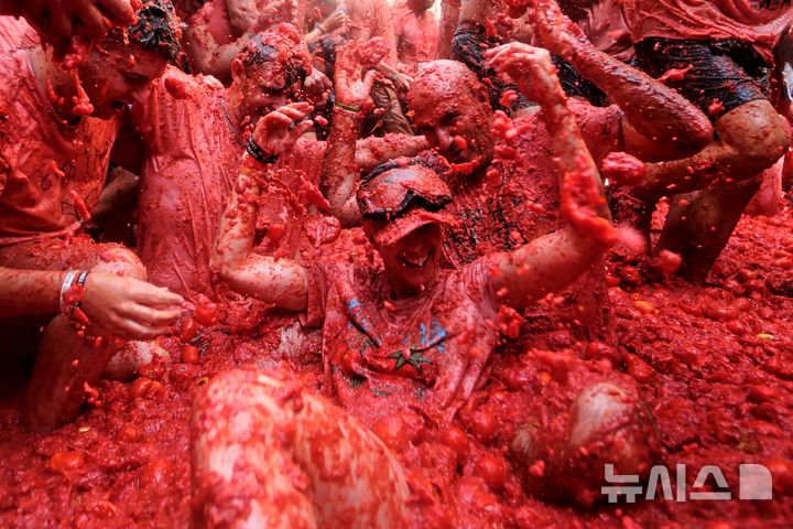 [부뇰=AP/뉴시스] 26일(현지 시간) 스페인 발렌시아 인근 부뇰에서 열린 제81회 ‘라 토마티나’ 토마토 축제 참가자들이 서로에게 토마토를 던지며 축제를 즐기고 있다. 이 축제는 매년 8월 마지막 주 수요일에 열린다. 2026.08.27.