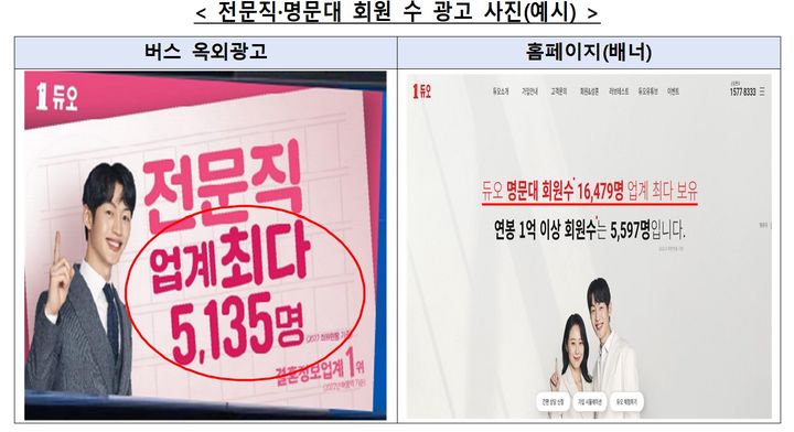[세종=뉴시스] 결혼정보업체 듀오가 전문직과 명문대 출신 회원 수를 업계 최다로 과장 광고하고, 자사만 결혼정보업체 중 외부감사를 받는다고 거짓 광고한 데 대해 공정거래위원회가 제재를 가했다. (자료 = 공정위 제공) 2026.08.26. *재판매 및 DB 금지