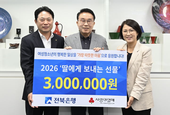 [남원=뉴시스] 지난 25일 전북은행 최종구 부행장(왼쪽)과 박숙녀 남원지점장(오른쪽)이 저소득층 여성청소년 위생용품 '딸에게 보내는 선물'을 남원시에 기탁하며 양충모 시장과 사진을 찍고 있다. *재판매 및 DB 금지