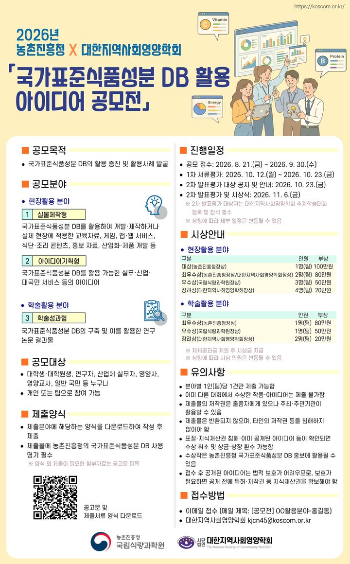 [세종=뉴시스] '국가표준식품성분DB 활용 아이디어 공모전' 포스터. (사진=농촌진흥청 제공) *재판매 및 DB 금지