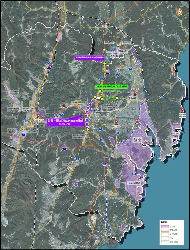 [울산=뉴시스] 울산시는 도심 정체를 해소하기 위해 역점적으로 추진 중이 문수로 우회도로와 청량~범서 국도 신설사업이 잇따라 정부 절차를 통과했다고 27일 밝혔다. 사진 청량~범서 국도 위치도. (사진= 울산시 제공) 2026.08.27.photo@newsis.com *재판매 및 DB 금지