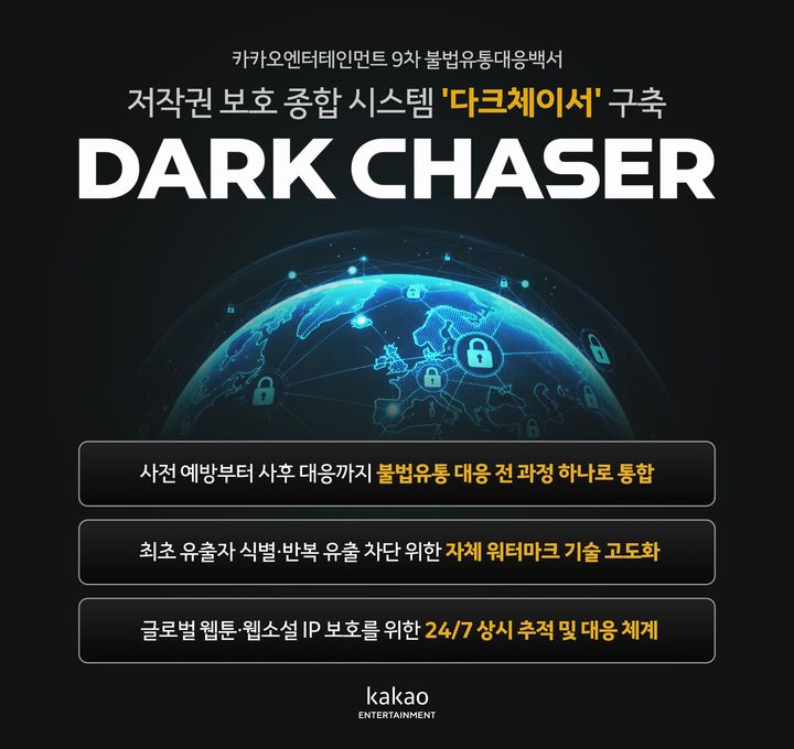 [서울=뉴시스] 카카오엔터테인먼트는 자체 개발한 저작권 보호 종합 시스템 '다크체이서' 소개를 담은 제9차 불법유통 대응백서를 발간했다고 27일 밝혔다. 2026.08.27. (사진=카카오엔터테인먼트 제공) *재판매 및 DB 금지