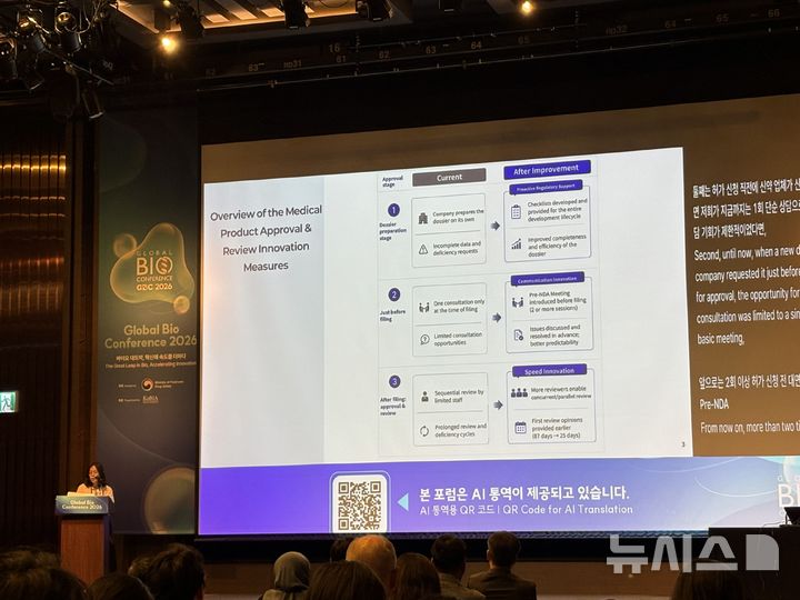 [서울=뉴시스] 이소헌 기자 = 이근아 식약처 의약품허가총괄과 사무관이 '2026 글로벌 바이오 콘퍼런스'(GBC)에서 강연하고 있다. 2026.08.27. photo@newsis.com