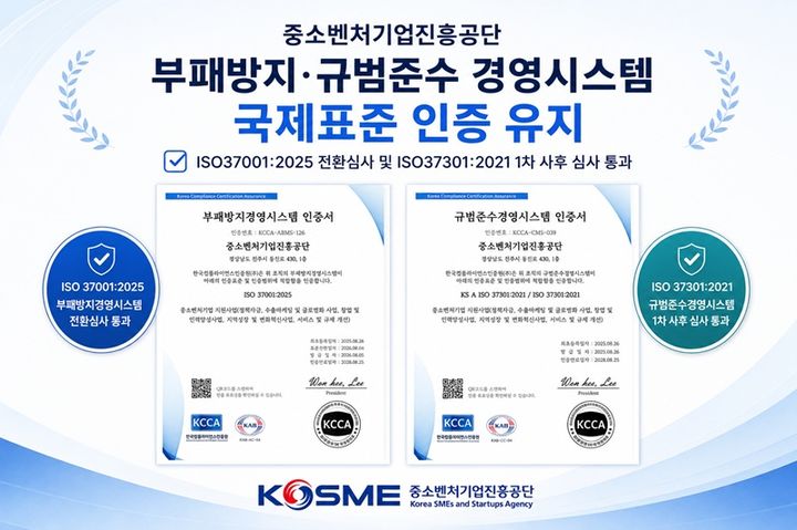 [서울=뉴시스] 중소벤처기업진흥공단(중진공)은 부패방지경영시스템(ISO37001:2025) 전환심사와 규범준수경영시스템(ISO37301:2021) 1차 사후 심사를 통과해 국제표준 인증을 유지했다고 28일 밝혔다. (사진=중진공 제공) 2026.8.28. photo@newsis.com *재판매 및 DB 금지