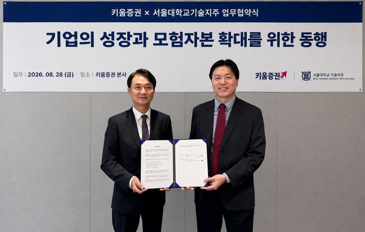 (왼쪽부터)엄주성 키움증권 대표와 차인환 서울대기술지주 대표가 28일 오전 서울 여의도 키움증권 본사에서 업무 협약식을 맺고 있다. (사진=키움증권 제공) *재판매 및 DB 금지
