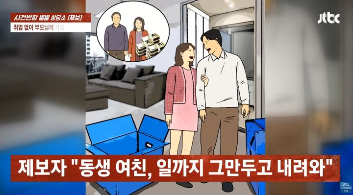 [서울=뉴시스] 부모 집에서 6개월 넘게 생활하며 경제적 지원을 받고 있는 20대 남성과 그의 여자친구 때문에 고민이라는 30대 남성의 사연이 전해졌다. (사진=JTBC '사건반장' 캡처) *재판매 및 DB 금지