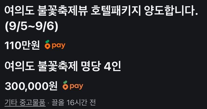 [서울=뉴시스]서울세계불꽃축제를 앞두고 온라인상에서 높은 가격에 불꽃축제가 보이는 곳의 숙박시설, 명당 자리 등을 판매하거나 대여한다는 글이 잇따르고 있다. (사진=당근마켓 캡처) 2026.08.28