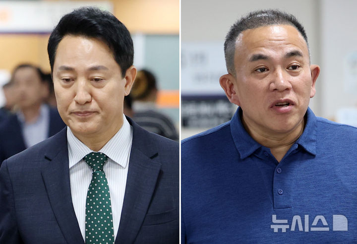 [서울=뉴시스] 이영환 기자 = 여론조사비 대납 의혹으로 재판에 넘겨진 오세훈(왼쪽사진) 서울시장이 28일 오후 서울 서초구 서울고법에서 열린 항소심 2차 공판에 출석하고 있다. 오른쪽 사진은 같은 재판에 증인으로 출석하는 명태균씨. 2026.08.28. 20hwan@newsis.com