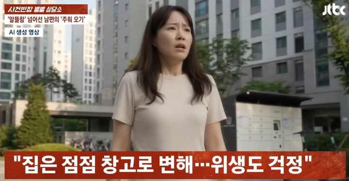 [서울=뉴시스] 남들이 버린 물건을 계속 주워오는 남편 때문에 집이 점점 창고처럼 변해가고 있다는 여성의 사연이 전해졌다.(사진=JTBC '사건반장' 캡처) *재판매 및 DB 금지