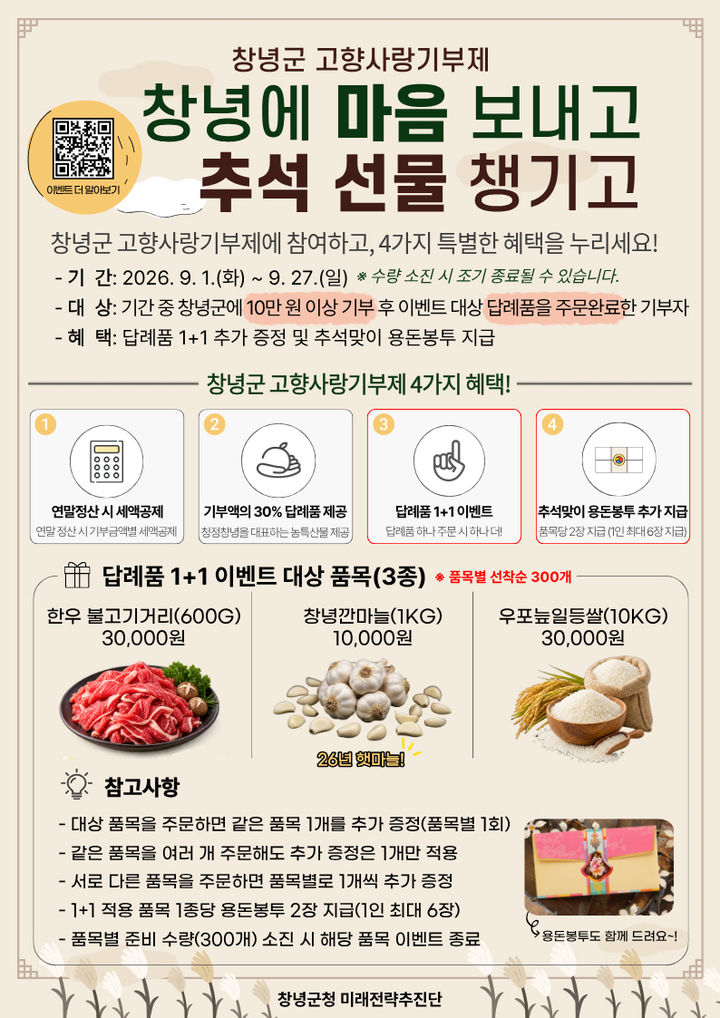[창녕=뉴시스] 안지율 기자 = 고향사랑기부제 창녕에 마음 보내고, 추석 선물 챙기고 이벤트 포스터. (사진= 창녕군 제공) 2026.08.31. photo@newsis.com *재판매 및 DB 금지