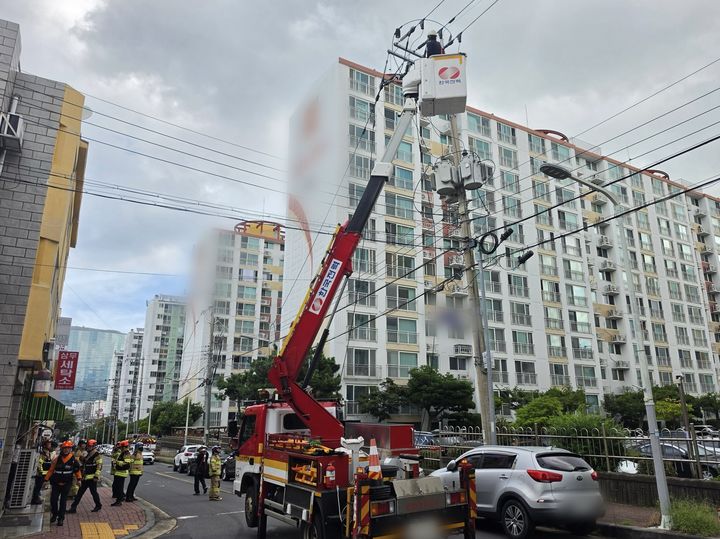 [제주=뉴시스] 1일 오전 8시47분께 제주시 노형동에서 조류 접촉으로 전신주 고압선이 단선됐다는 신고가 접수된 가운데 한국전력 제주본부가 복구 작업을 진행하고 있다. (사진=제주소방안전본부 제공) 2026.09.01. photo@newsis.com *재판매 및 DB 금지