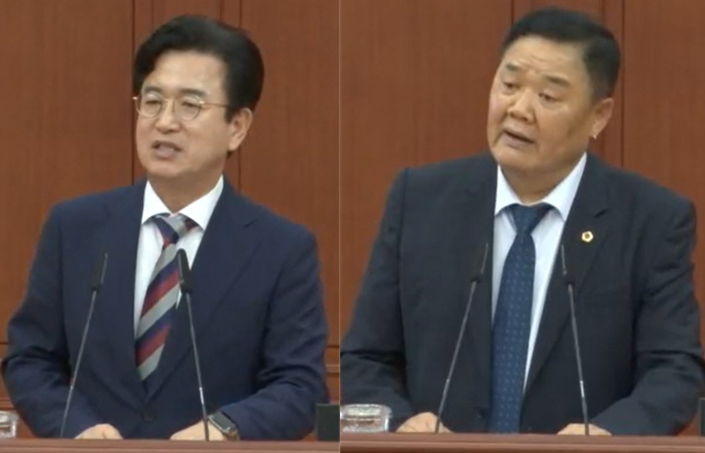 [대전=뉴시스] 조명휘 기자 = 허태정(왼쪽) 대전시장과 구본환(더불어민주당·유성구4) 대전시의원이 1일 제299회 제1차 본회의에서 시정 질의와 문답을 하고 있다. 2026.09.01. *재판매 및 DB 금지