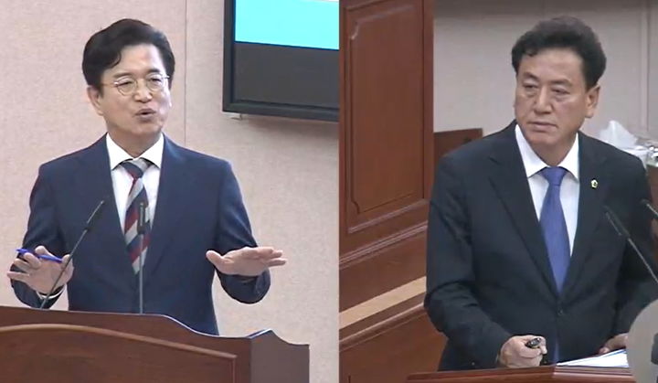 [대전=뉴시스] 조명휘 기자 = 정근모(더불어민주당·동구1) 대전시의원이 제299회 정례회 제1차 본회의에서 허태정(왼쪽) 시장을 상대로 시정질의를 하고 있다. 2026.09.01 *재판매 및 DB 금지