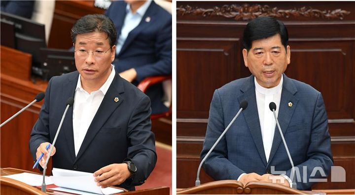 [창원=뉴시스]경남도의회 김성갑(왼쪽)·강성중 의원이 1일 제436회 정례회 제1차 본회의에서 긴급현안질문을 통해 광복절 연휴기간 집중호우 피해가 발생한 거제시·통영시 지역에 대한 실질적인 지원을 촉구하고 있다.(사진=경남도의회 제공) 2026.09.01. photo@newsis.com
