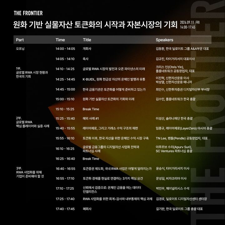 타이거리서치는 한국 딜로이트 그룹과 공동으로 오는 11일 오후 2시 서울 영등포구 서울국제금융센터(IFC) '더 포럼'에서 'The Frontier: 원화 기반 실물자산 토큰화의 시작과 자본시장의 기회' 서밋을 개최한다.(사진=타이거리서치 제공) *재판매 및 DB 금지