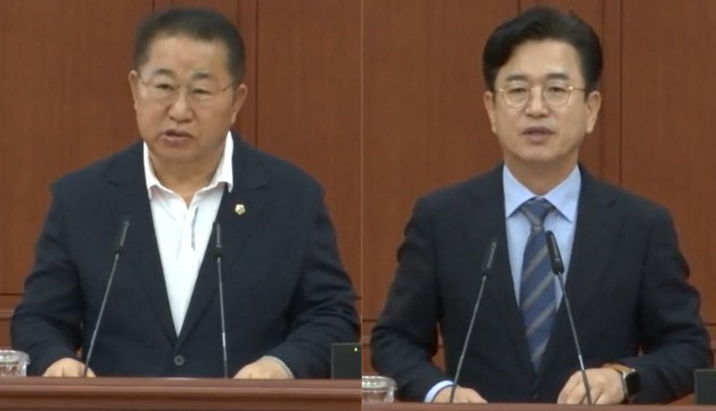 [대전=뉴시스] 조명휘 기자 = 이한영(국민의힘·서구6·왼쪽) 대전시의원과 허태정 시장이 2일 제299회 정례회 제2차 본회의에서 시정문답을 하고 있다. 2026.09.02. photo@newsis.com *재판매 및 DB 금지