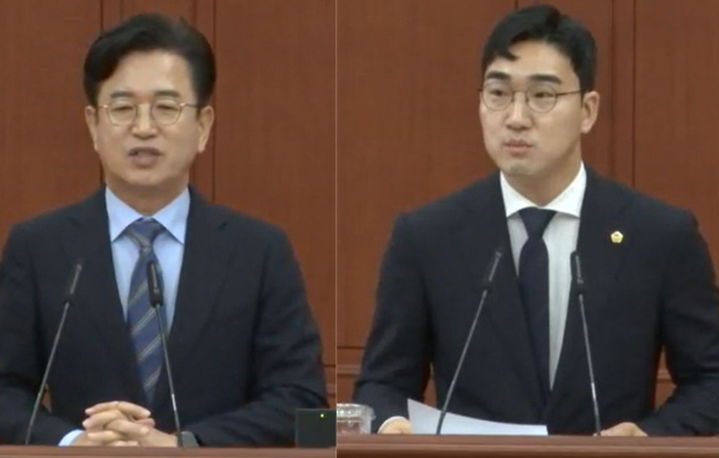 [대전=뉴시스] 조명휘 기자 = 권인호(오른쪽·더불어민주당·대덕구3) 대전시의원과 허태정 시장이 2일 열린 제299회 제1차 정례회 제2차 본회의에서 시정 질의문답을 하고 있다. 2026.09.02. *재판매 및 DB 금지