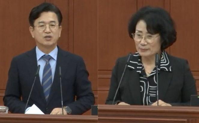 [대전=뉴시스] 조명휘 기자 = 박은희(오른쪽·더불어민주당·대덕구2) 대전시의원과 허태정 대전시장이 2일 제299회 제2차 본회의에서 시정 질의문답을 하고 있다. 2026.09.02. photo@newsis.com *재판매 및 DB 금지