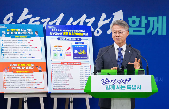[전남광주=뉴시스] 민형배 전남광주통합특별시장이 2일 오후 시 광주청사 브리핑룸에서 2027년도 정부예산안 국비 확보 추진상황을 브리핑 하고 있다. (사진=전남광주시 제공) 2026.09.02. photo@newsis.com *재판매 및 DB 금지