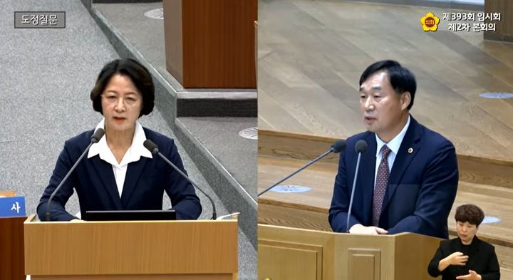[수원=뉴시스] 2일 경기도의회 본회의장에서 진행된 제393회 임시회 제2차 본회의에서 추미애 경기도지사와 윤종영 의원이 도정질문을 진행하고 있다. (사진=경기도의회 유튜브 캡쳐) 2026.09.02. photo@newsis.com *재판매 및 DB 금지