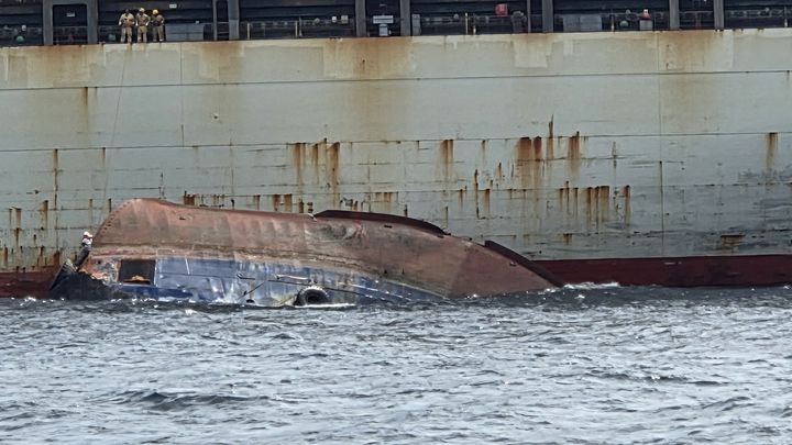 [부산=뉴시스] 이아름 기자 = 2일 오후 1시29분께 부산 오륙도 남동방 약 9㎞ 해상에서 티엔에스캐처 호(286t·견인용 예선·승선원 8명)가 전복 돼 해경이 경비함정과 연안구조정 등 13척과 항공대, 중앙해양특수구조단 등을 투입해 구조 작업을 벌이고 있다. 티엔에스캐처 호에는 내국인 6명과 인도네시아 국적 선원 2명이 타고 있었던 것으로 파악됐다. 현재까지 2명 구조, 6명이 실종됐다. (사진=부산해경 제공) 2026.09.02. photo@newsis.com *재판매 및 DB 금지