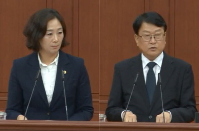 [대전=뉴시스] 조명휘 기자 = 김미희(왼쪽·더불어민주당·유성구1) 대전시의원과 오석진 대전시교육감이 2일 열린 제299회 제1차 정례회 제2차 본회의에서 시정 질의문답을 하고 있다. 2026.09.02. *재판매 및 DB 금지