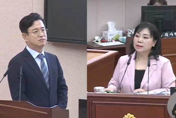 [대전=뉴시스] 조명휘 기자 = 김민숙(더불어민주당·서구1) 대전시의원과 허태정 대전시장이 2일 열린 제299회 정례회 제2차 본회의에서 시정 질의문답을 하고 있다. 2026.09.02. photo@newsis.com *재판매 및 DB 금지