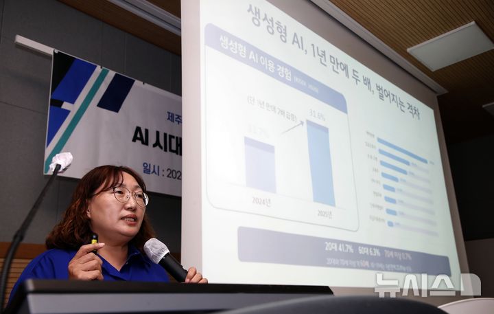 [제주=뉴시스] 우장호 기자 = 배진아 제주대 지능소프트웨어교육연구소 연구교수가 2일 오후 제주대학교 첨단캠퍼스 1층 다목적실에서 '제주 AI 격차 해소 거버넌스 구축을 위한 AI 시대, 교육과 언론 현장의 변화와 방향성 모색'을 주제로 열린 제주도기자협회-제주대 지능소프트웨어교육연구소 공동 토론회에서 주제발표를 하고 있다. 2026.09.02. woo1223@newsis.com
