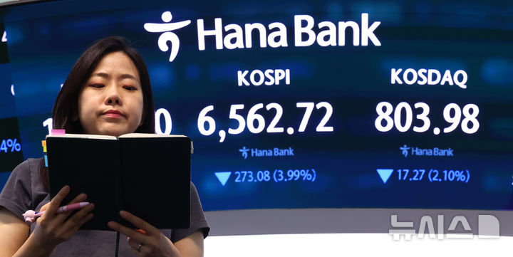[서울=뉴시스] 전신 기자 = 코스피가 전날 대비 273.08포인트(3.99%) 하락한 6562.72로 마감한 2일 서울 중구 하나은행 본점 딜링룸 전광판에 코스피 등이 표시돼 있다. 2026.09.02. photo1006@newsis.com