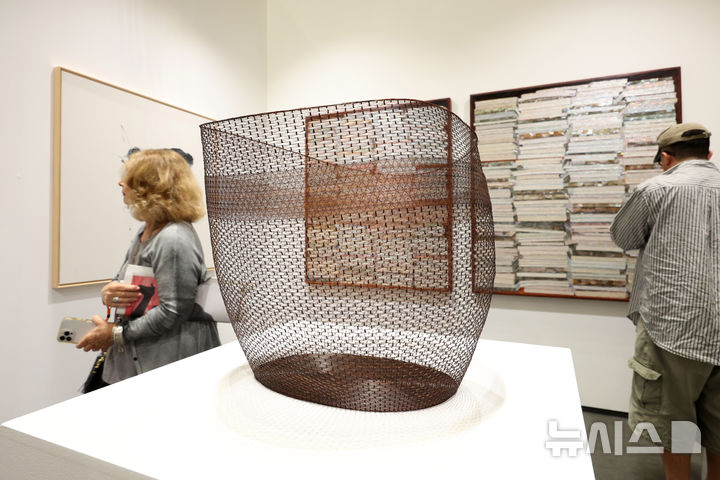 [서울=뉴시스] 박진희 기자 = ‘프리즈 서울(FRIEZE SEOUL)'이 개막한 2일 서울 강남구 코엑스 SOLUNA FINE ART 전시장을 찾은 관람객이 정다혜 작품을 감상하고 있다.2026.09.02. pak7130@newsis.com