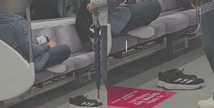 [서울=뉴시스] 임산부 배려석에 다리를 올린 승객의 모습이 담긴 사진이 공개됐다. (사진 출처=유튜브 채널 '킹받는사건들' 캡처)