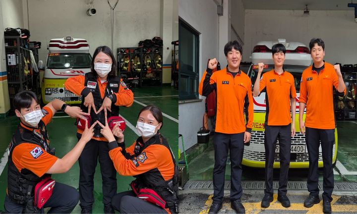 [화성=뉴시스] 사진 왼쪽부터 반송119 안전센터 채승호·김남수·강지현 대원과 태안119안전센터 박재형·이윤호·이헌우 대원. (사진=화성소방서 제공) 2026.09.03. photo@newsis.com *재판매 및 DB 금지