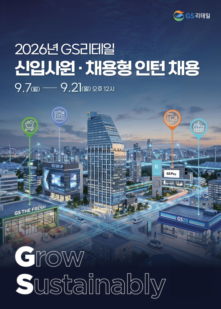 GS리테일이 GS25 영업 관리, 슈퍼마켓 GS더프레시 점포 영업, 홈쇼핑 GS샵 MD·PD·마케팅 직군을 대상으로 각각 두 자릿수(00명) 규모의 2026년 하반기 신입사원을 선발한다고 4일 밝혔다. *재판매 및 DB 금지