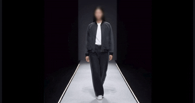 [서울=뉴시스] 이수진·진민아 인턴기자 = 2027 S/S 서울패션위크 아디다스 체험형 전시 ‘컨펌드’에서 AI 기술로 제작한 런웨이 영상 속 기자의 모습.2026.09.03. *재판매 및 DB 금지