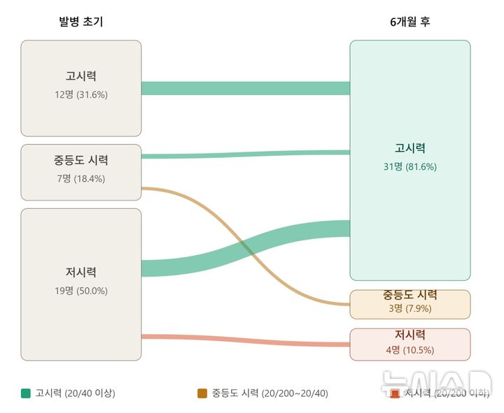 [서울=뉴시스] 소아 시신경염 환자의 시력 회복 경과(6개월 추적 완료 38명 기준). 발병 초기 저시력이었던 19명 중 15명(78.9%)이 6개월 뒤 고시력을 회복했다. (사진= 서울대병원 제공)