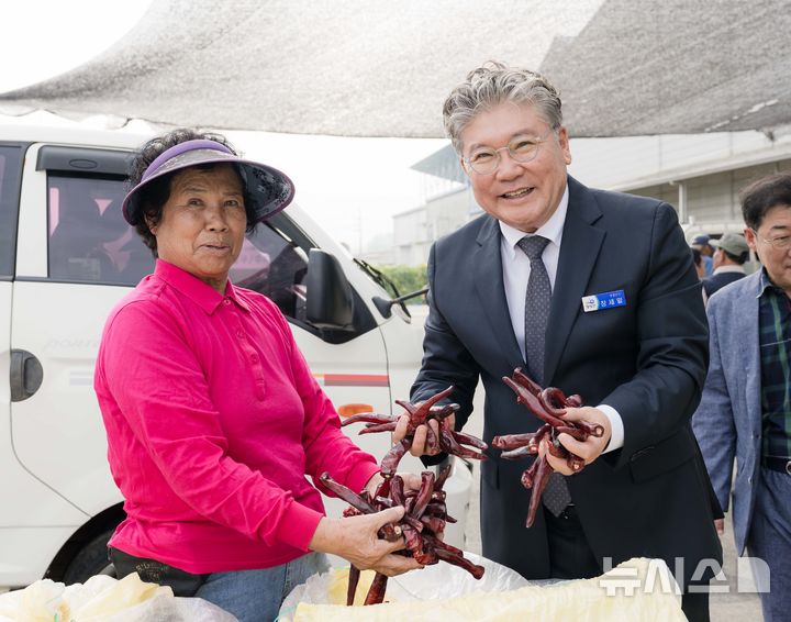 [영광=뉴시스] 장세일 영광군수가 건고추 수매 현장을 찾아 농업인을 격려한 후 고추 건조 품질을 살펴보고 있다. (사진=장흥군 제공) photo@newsis.com *재판매 및 DB 금지
