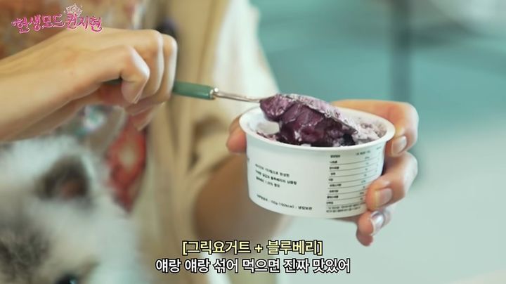 [서울=뉴시스] 가수 이지현이 최근 그릭요거트에 블루베리를 곁들여 먹는 식단을 공개했다. (사진=유튜브 채널 '현생모드퀸지현' 캡처)