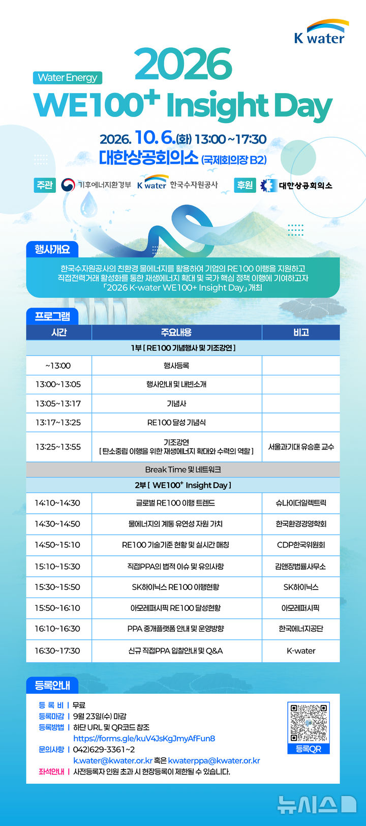[세종=뉴시스]한국수자원공사는 다음 달 6일 서울 대한상공회의소 국제회의장에서 '2026 K-water WE100+ Insight Day' 행사를 열고 기업의 RE100(재생에너지 100%) 이행을 지원하고, 첨단 전략산업 육성과 탄소중립 등 국가 핵심 과제 달성 방안을 모색한다.(사진=수자원공사 제공)