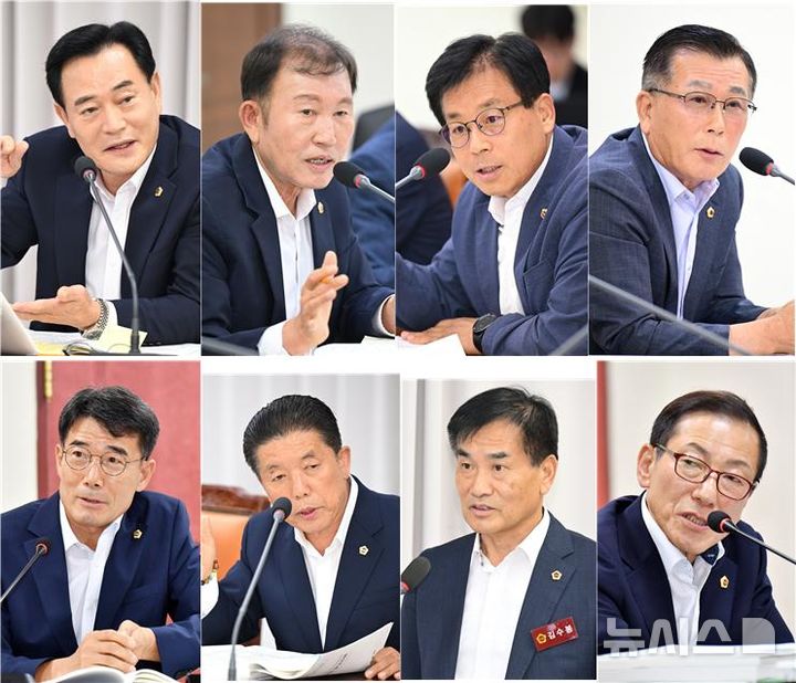 [창원=뉴시스]7일 경남도의회 농해양수산위원회실에서 소속 도의원들이 경남도 농정국을 대상으로 2025회계연도 결산 및 예비비 지출 승인의 건 심사 관련해 질의하고 있다. 위 사진 왼쪽부터 임왕건 김이근 김호대 권성형 의원. 아래 왼쪽부터 심영석 백승홍 김수봉 최갑현 의원. (사진=경남도의회 제공) 2026.09.07. photo@newsis.com