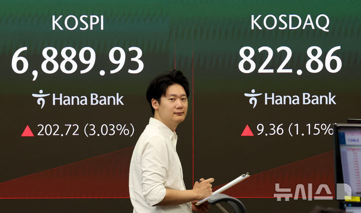 [서울=뉴시스] 박영태 기자 = 코스피가 223.57포인트(3.34%) 오른 6910.78에 장을 시작한 7일 오전 서울 중구 하나은행 본점에서 딜러들이 업무를 보고 있다. 코스닥은 9.41포인트(1.16%) 오른 822.91에 시작됐다. 2026.09.07. since1999@newsis.com