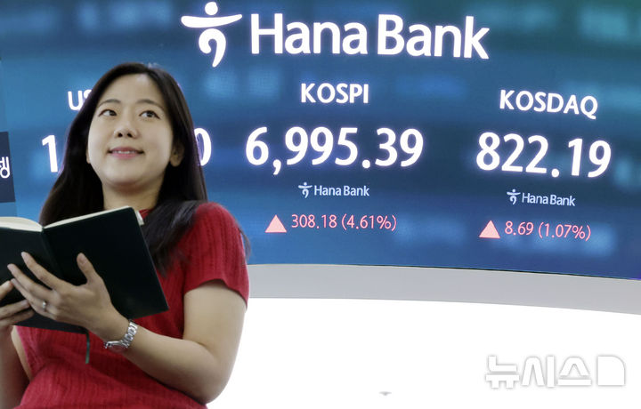 [서울=뉴시스] 최동준 기자 = 코스피가 전 거래일보다 308.18포인트(4.61%) 오른 6995.39로 장을 마친 지난 7일 서울 중구 하나은행 딜링룸에서 딜러들이 업무를 보고 있다. 코스닥은 전 거래일보다 8.69포인트(1.07%) 오른 822.19로 장을 마쳤다. 2026.09.07. photocdj@newsis.com