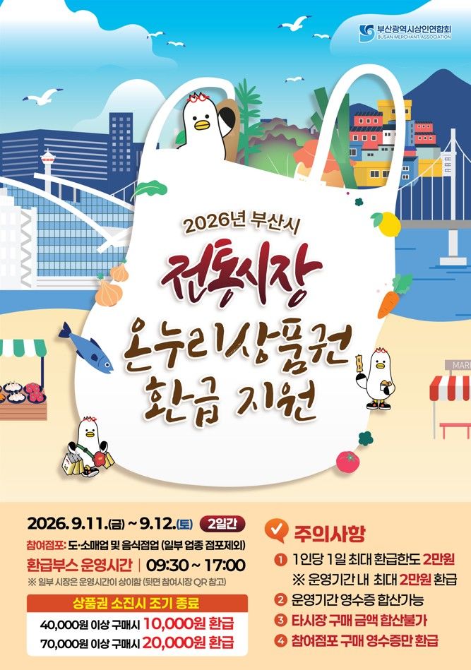 [부산=뉴시스] 부산시는 오는 11일부터 12일까지 부산지역 99개 전통시장에서 '전통시장 소비진작 환급 지원사업'을 추진한다. (사진=부산시 제공) 2026.09.08. photo@newsis.com *재판매 및 DB 금지